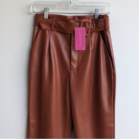 NWT Brown belted high rise faux leather pants - Picture 1 of 4